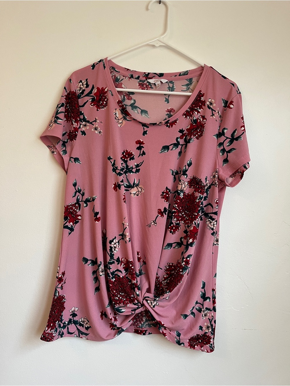 Candie's Dusty Rose Floral Twist-Front Short Sleeve Blouse Size XL Stretch Women